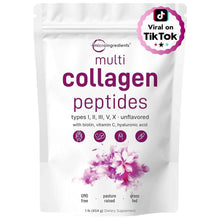 Collagen peptides supplement pouch, white with purple flower graphic and multi-type label