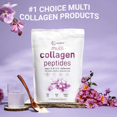 Micro Ingredients multi collagen peptides powder 1 lb unflavored bag with wooden scoop glass of water and purple flowers