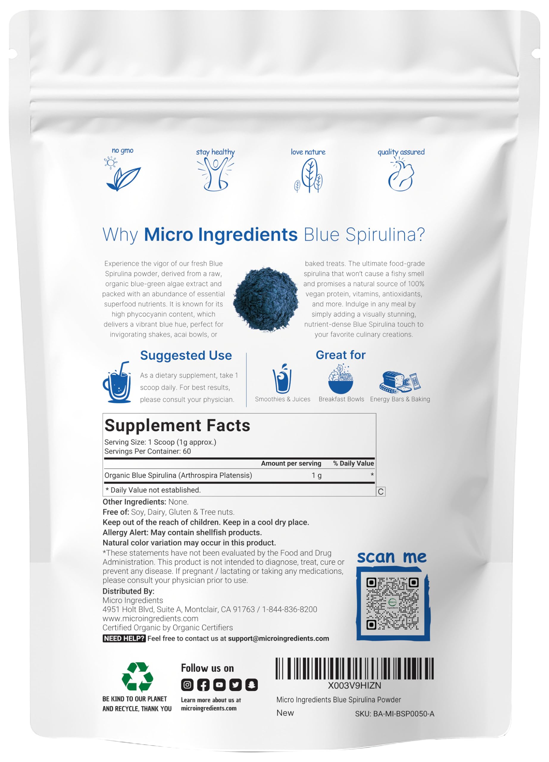 Micro Ingredients resealable pouch of organic blue spirulina powder back label showing supplement facts directions and powder