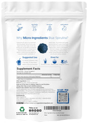 Micro Ingredients resealable pouch of organic blue spirulina powder back label showing supplement facts directions and powder