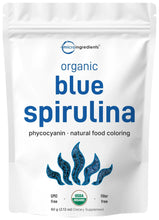 Organic blue spirulina powder pouch with front label and blue seaweed icon