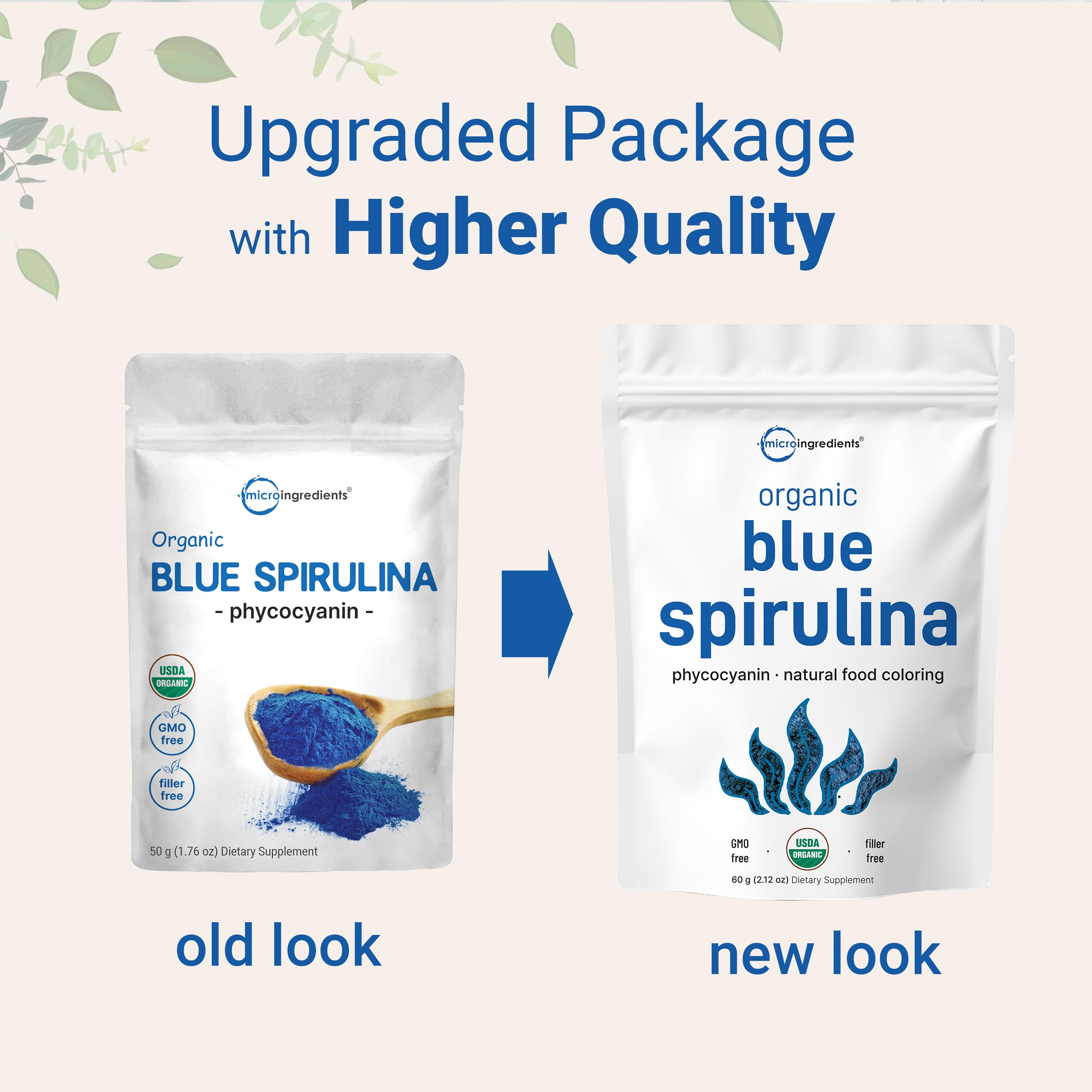 Micro Ingredients organic blue spirulina powder packaging comparison showing old and new pouches
