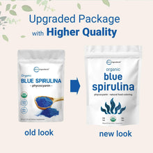 Organic blue spirulina pouch packaging comparison showing old and new look