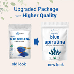 Micro Ingredients organic blue spirulina powder packaging comparison showing old and new pouches