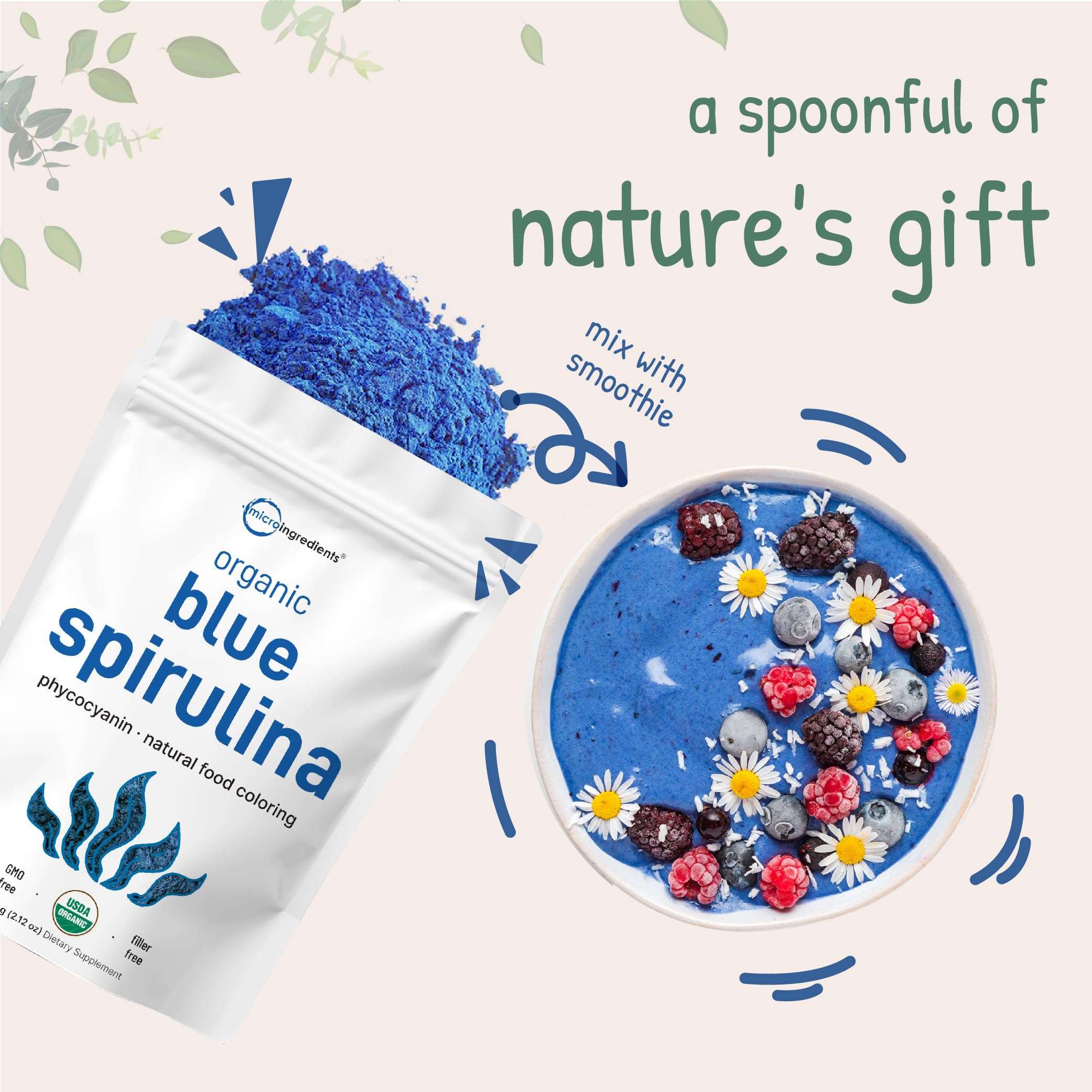 Micro Ingredients bag spilling organic blue spirulina powder next to blue smoothie bowl with berries and flowers