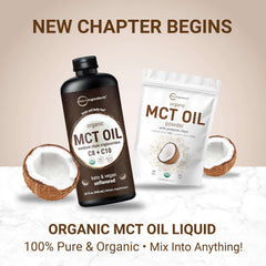 Micro Ingredients organic MCT oil powder pouch with liquid MCT oil bottle and coconuts on marble background