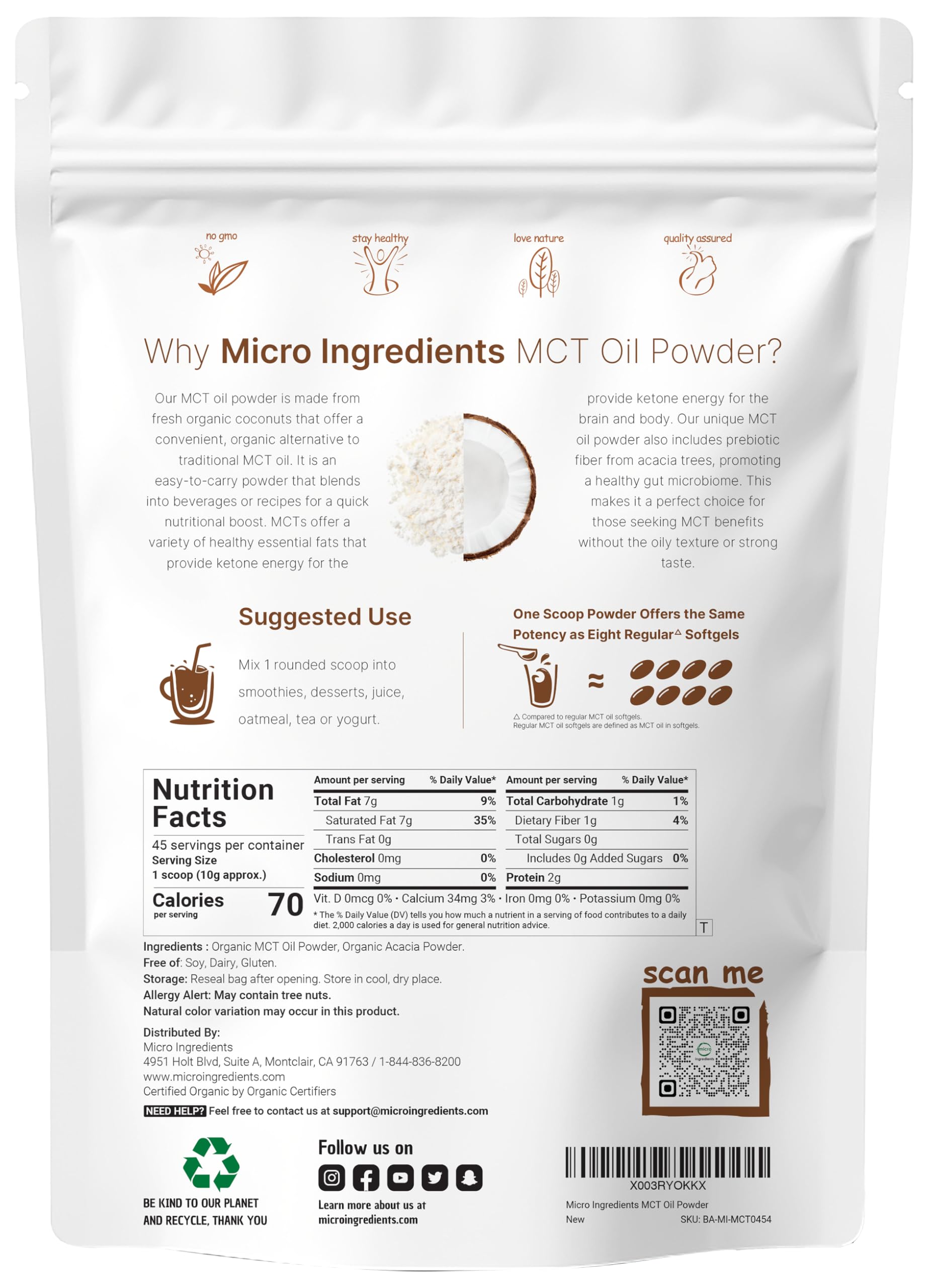Micro Ingredients organic MCT oil powder white resealable pouch back label with nutrition facts and suggested use