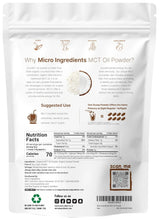 Organic MCT oil powder pouch back with nutrition facts panel and barcode