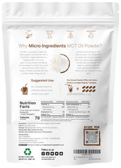 Micro Ingredients organic MCT oil powder white resealable pouch back label with nutrition facts and suggested use