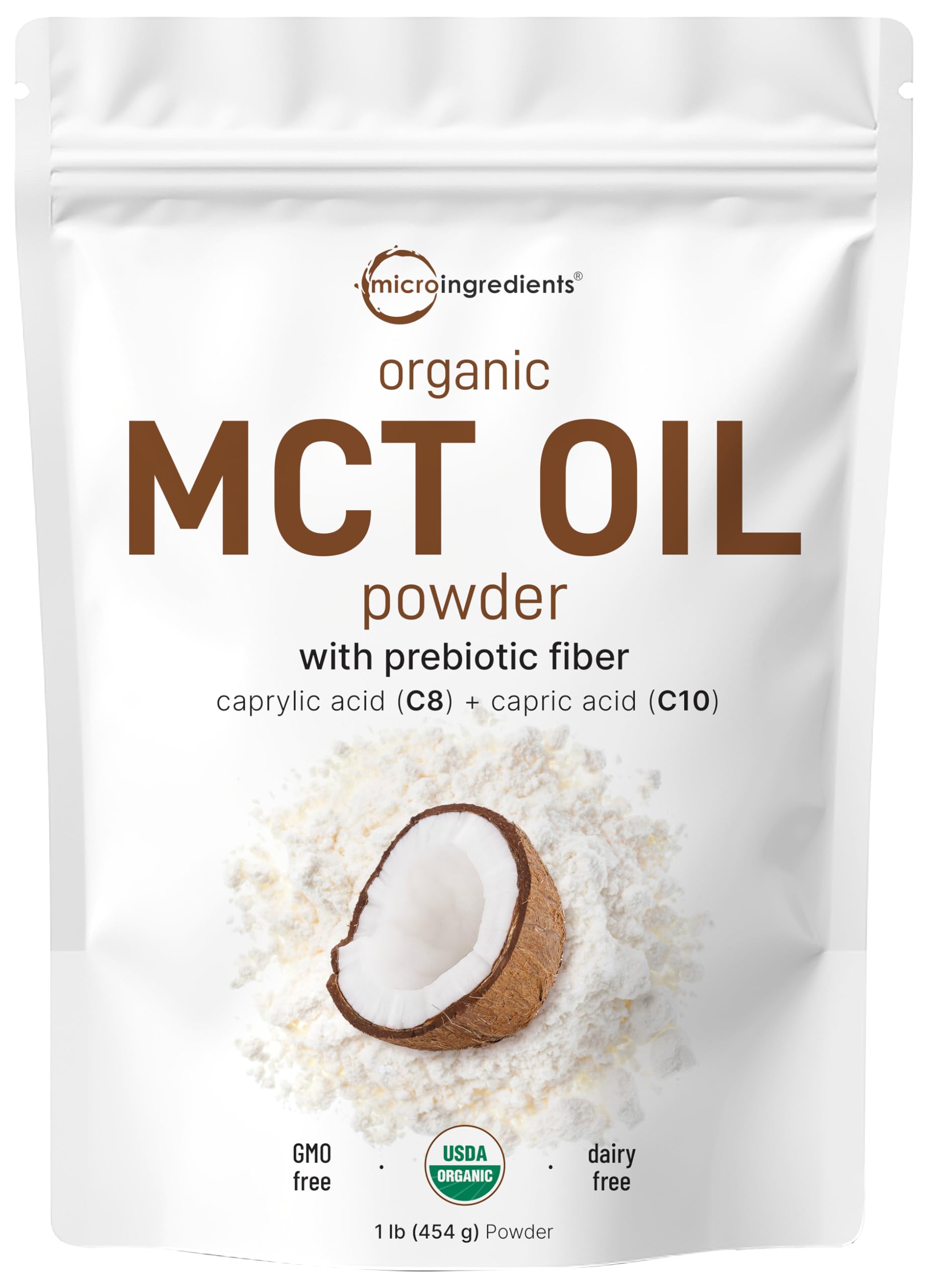 Micro Ingredients organic MCT oil powder resealable white pouch with coconut image and USDA organic label