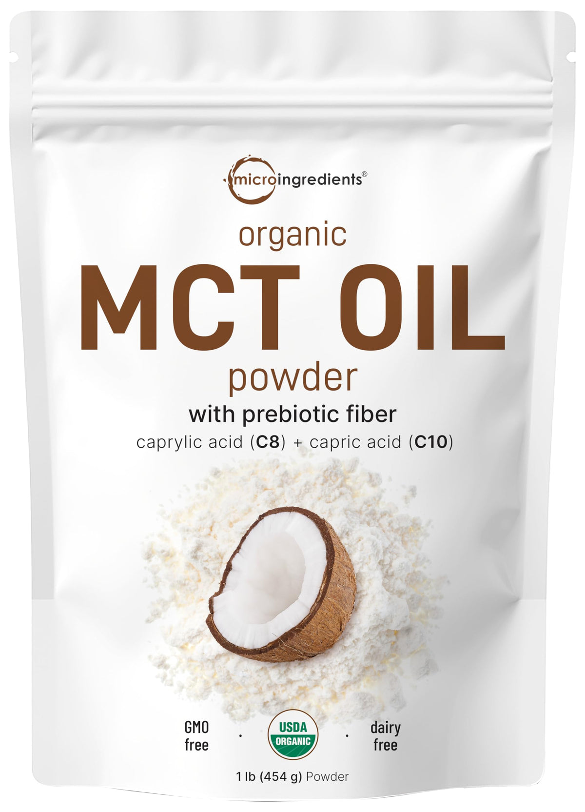 Micro Ingredients organic MCT oil powder resealable white pouch with coconut image and USDA organic label