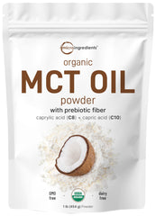 Micro Ingredients organic MCT oil powder resealable white pouch with coconut image and USDA organic label