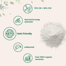 Organic MCT oil powder mound with keto and unflavored nutrition icons