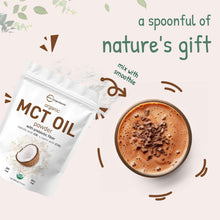 Organic MCT oil powder pouch with a cup of brown powder drink