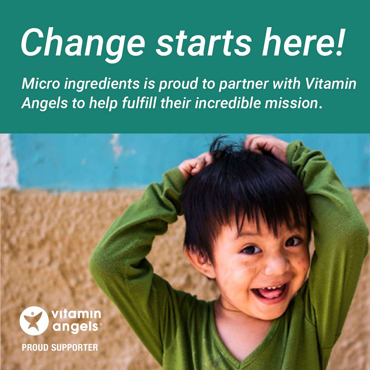 Micro Ingredients organic MCT oil powder partnership ad with smiling child and Vitamin Angels logo