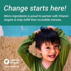 Micro Ingredients organic MCT oil powder partnership ad with smiling child and Vitamin Angels logo