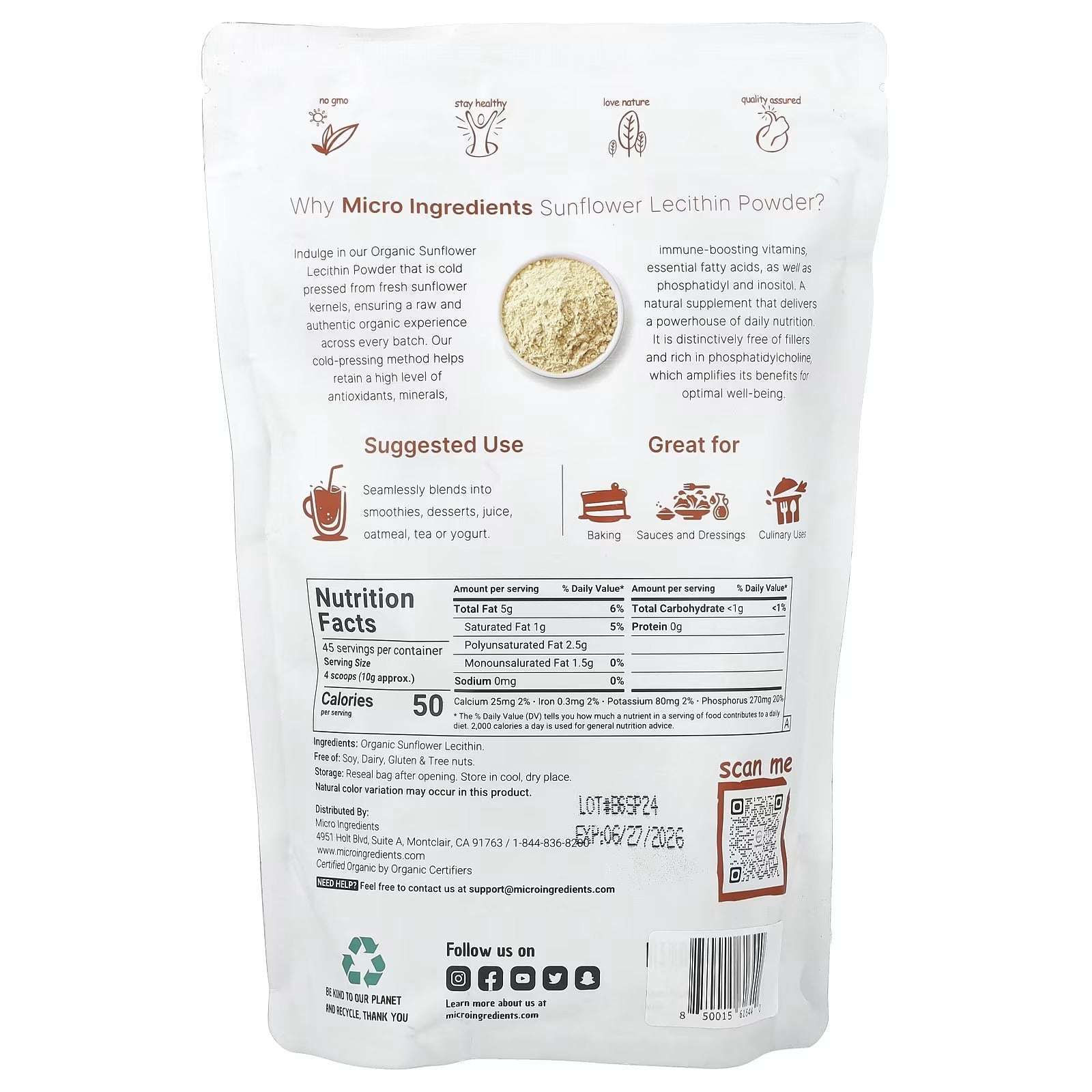 Micro Ingredients Organic Sunflower Lecithin Powder in a resealable bag with nutrition facts on the back