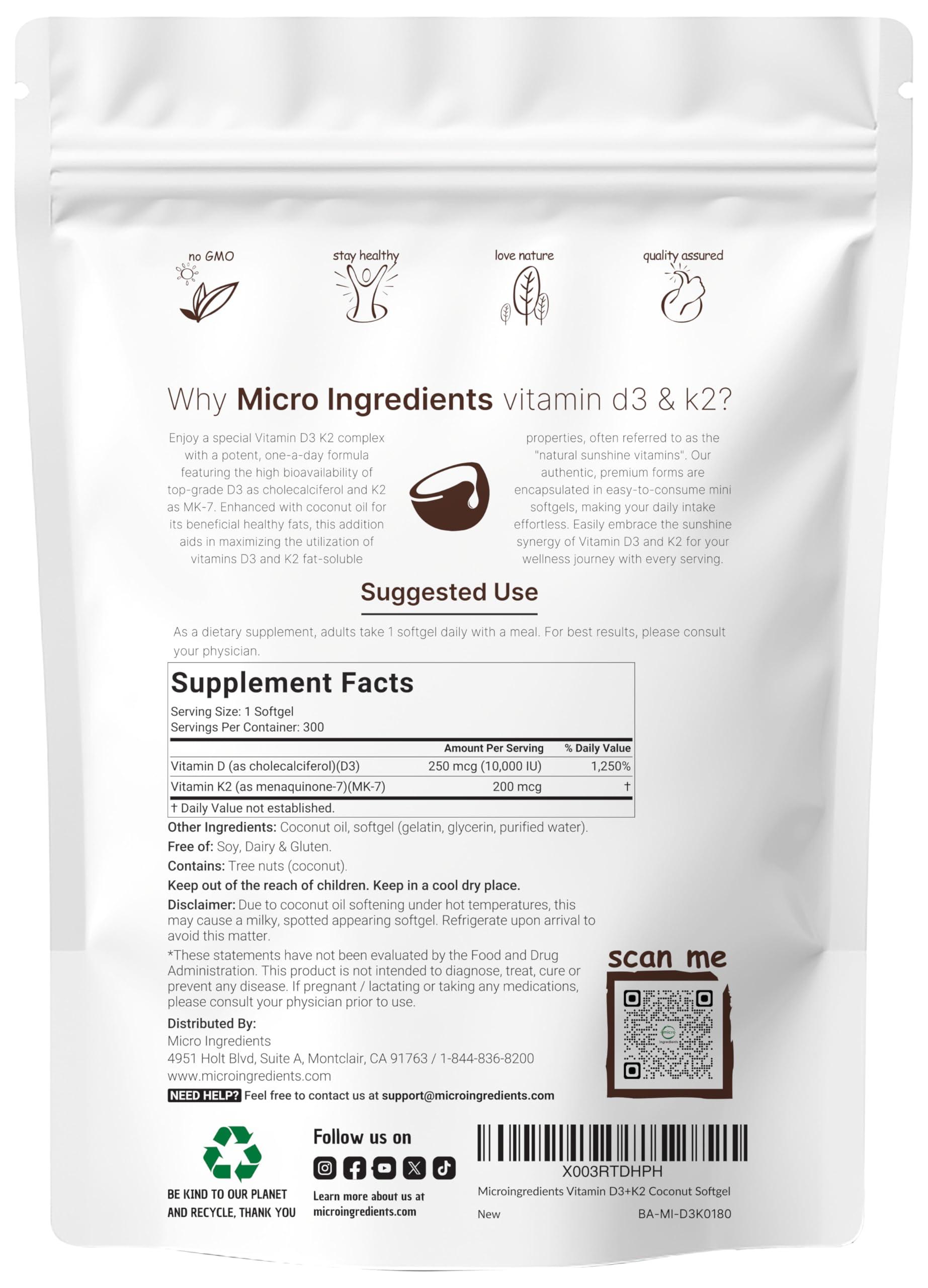 Micro Ingredients Vitamin D3 K2 supplement UAE pouch back label showing Supplement Facts and directions