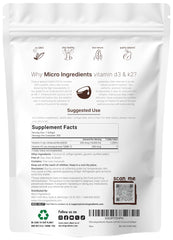 Micro Ingredients Vitamin D3 K2 supplement UAE pouch back label showing Supplement Facts and directions