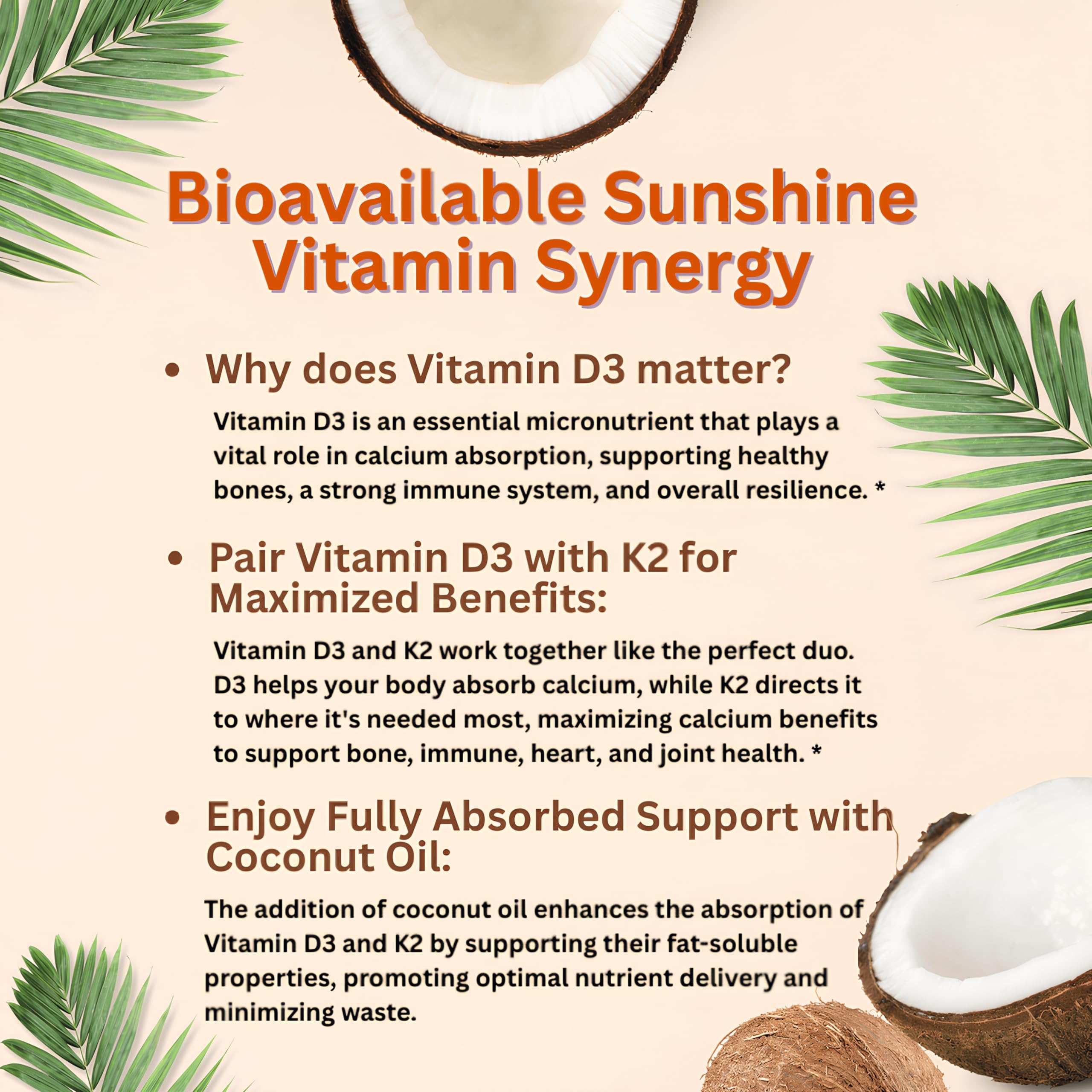 Micro Ingredients Vitamin D3 K2 supplement UAE product label with coconuts palm leaves and benefits text