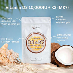 Micro Ingredients Vitamin D3 K2 supplement UAE 10000 IU MK7 softgels in white resealable pouch with coconut