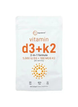 Vitamin D3 + K2 supplement pouch, 2-in-1 formula text on front