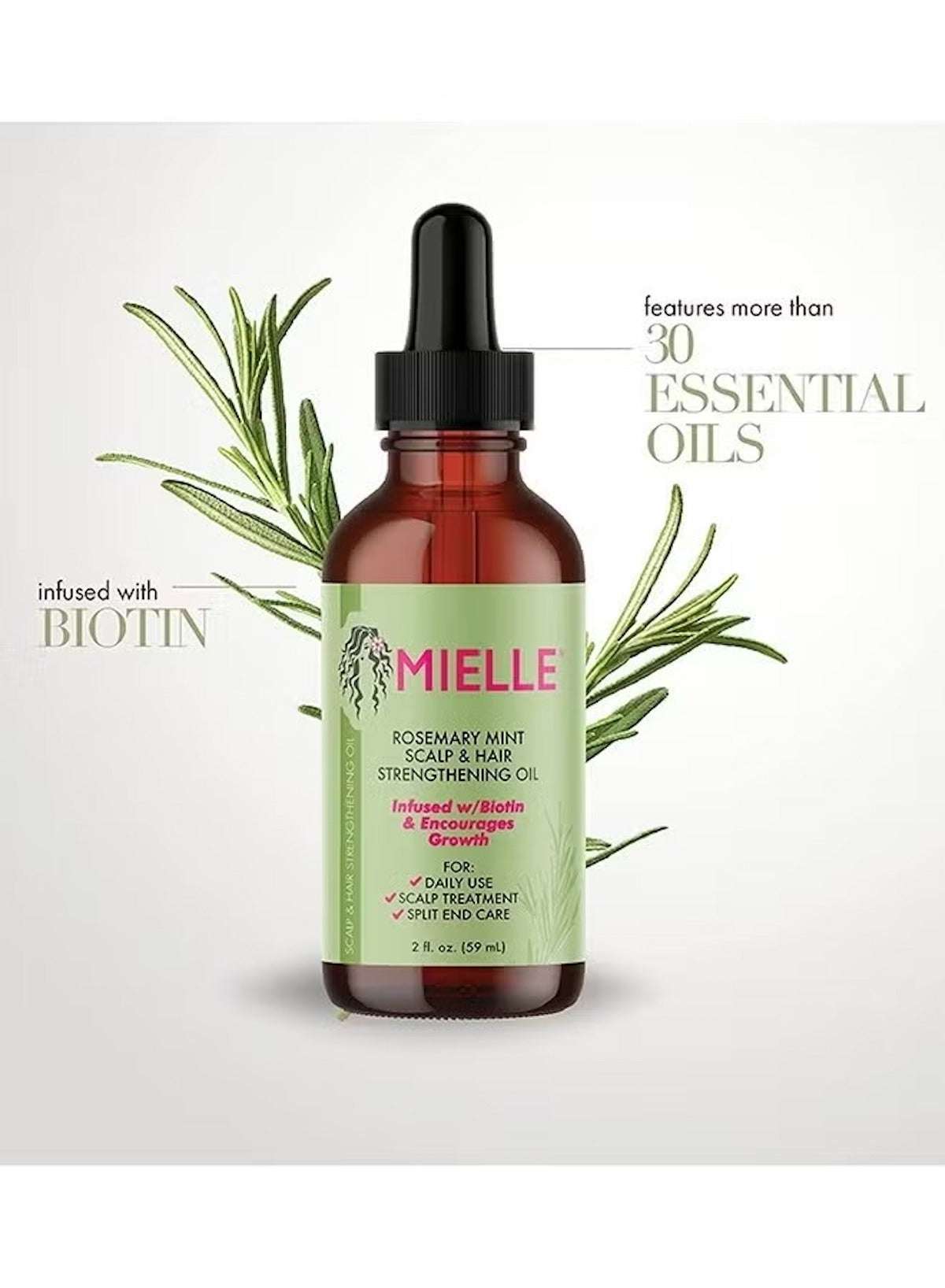 Mielle Rosemary Mint hair oil in a brown bottle with dropper and infographic highlighting features