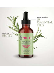 Mielle Rosemary Mint hair oil in a brown bottle with dropper and infographic highlighting features