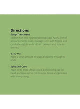 Scalp oil bottle directions panel with green background and instruction text