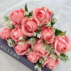 Huitich pink artificial roses bouquet with white accents for home decor artificial flowers display