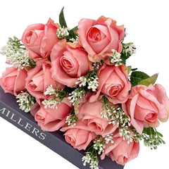 Huitich pink artificial roses bouquet with green leaves and white accents for home decor artificial flowers
