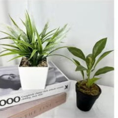 Huitich mini artificial bonsai plant set with green leaves in white and black pots on a table