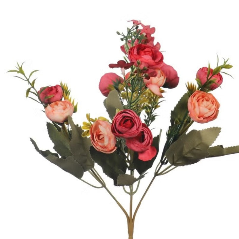 Huitich mini artificial peony bouquet with pink and red flowers and green leaves