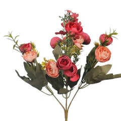 Huitich mini artificial peony bouquet with pink and red flowers and green leaves