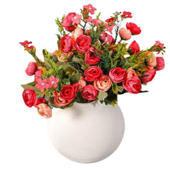 Huitich mini artificial peony bouquet with pink and red flowers in white round vase