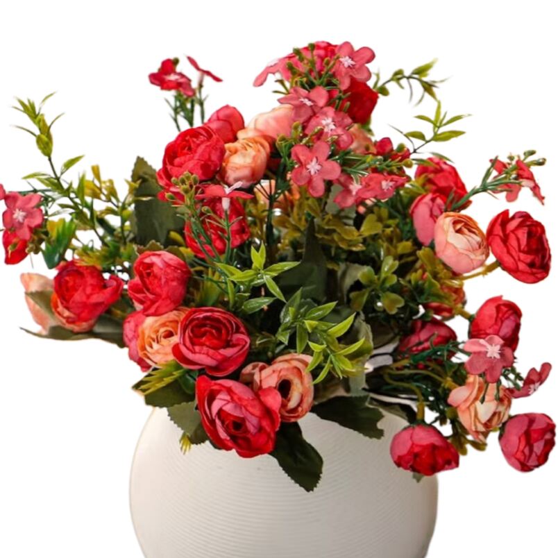 Huitich mini artificial peony bouquet with red and peach flowers in a white vase