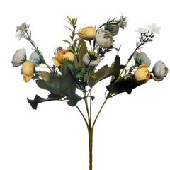 Huitich mini artificial peony bouquet with yellow and white flowers and green leaves