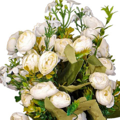 Huitich mini artificial white peony bouquet with realistic white flowers and green leaves