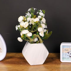 Huitich mini artificial white peony bouquet in a white geometric vase on wooden table
