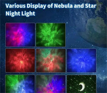 Galaxy night light projector showing blue, green, purple, and red nebula effects