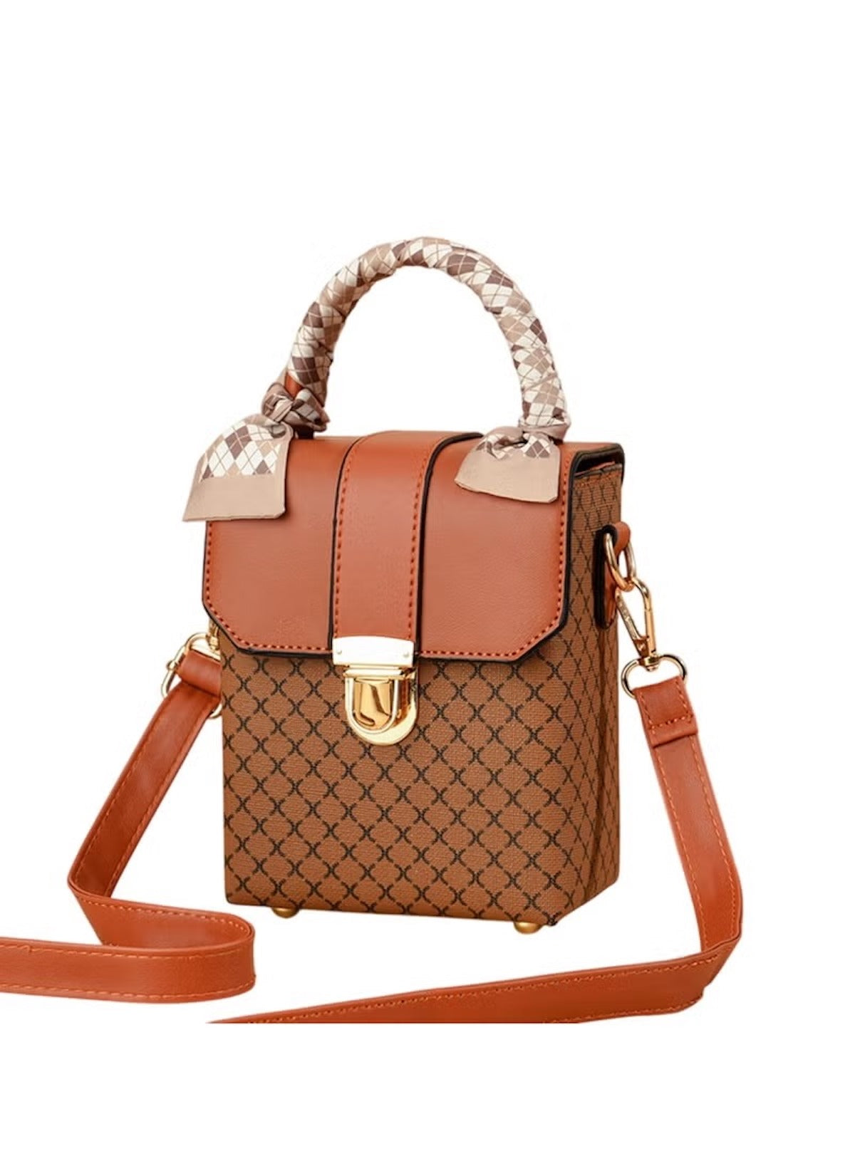 Huitich 13x8x17 cm mini bag for ladies brown crossbody bag with patterned handle and gold clasp