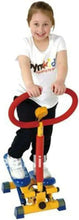 Kids mini stepper with red handle, yellow foot pedals, and blue-black wheel bases