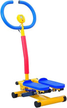 Kids mini stepper: blue handle, yellow/red pole, blue foot platform, black wheels