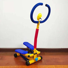 Kids mini stepper with blue safety handle, red pole, yellow base, and blue step pedals
