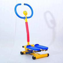 Mini stepper with blue handlebar, yellow/red column, and dual blue step platforms