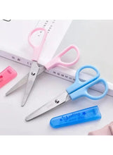 Pink and blue mini student safety scissors with protective covers and metal blades