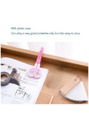 Huitich pink mini student safety scissors with plastic case on wooden desk near paper and tape