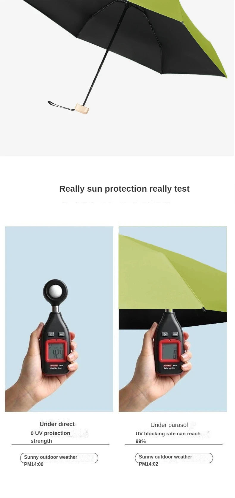 Mumzar mini sun umbrella pocket size shown in a hands-on test for UV protection strength