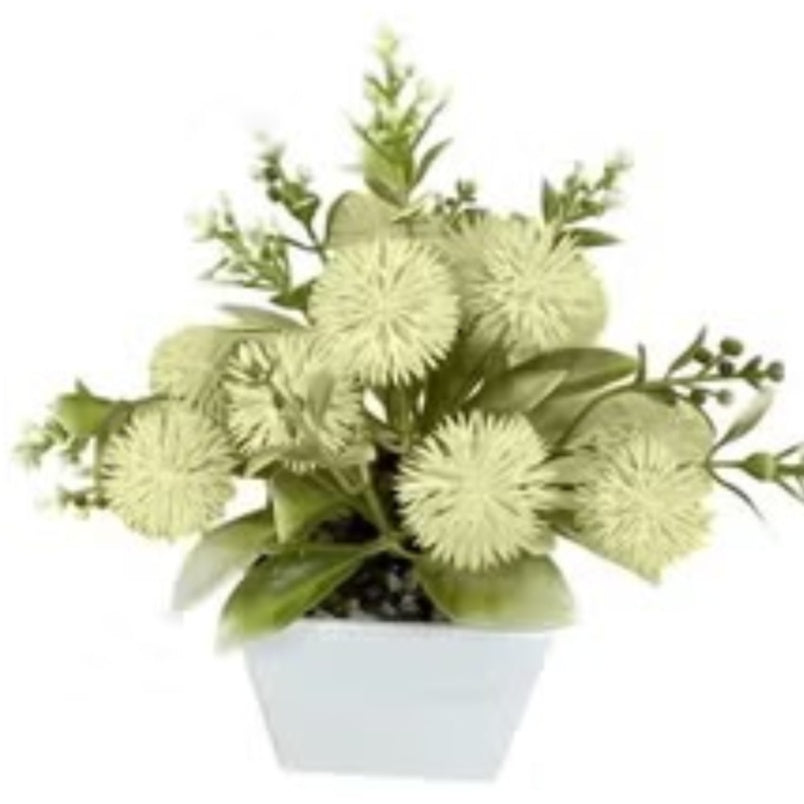 Huitich mini yellow plastic flower ball artificial flowers in white square pot decoration