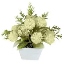 Artificial mini flower ball plant in white pot with pale yellow fuzzy blooms